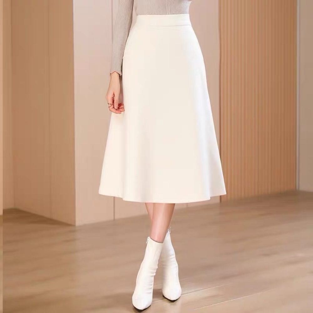 Elegant White Winter Thick Soft A-line Stretchy Midi Skirt with Pockets